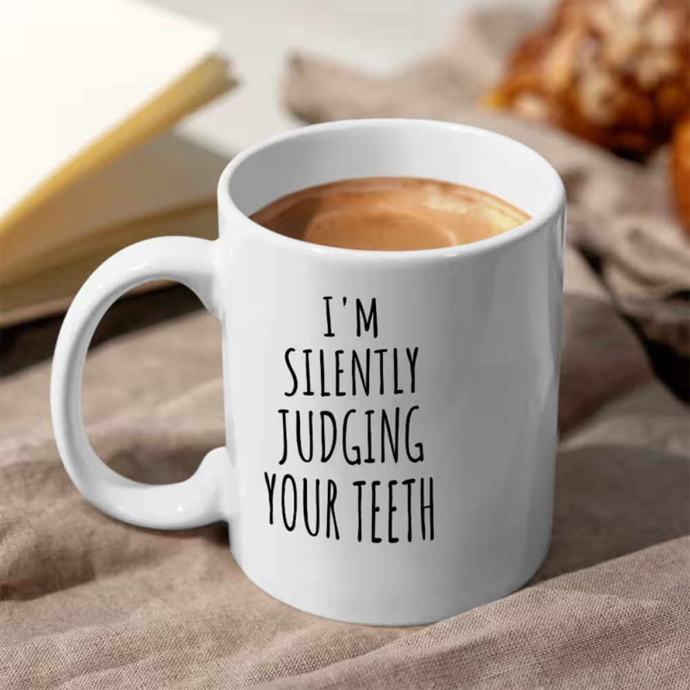 1pc Personalized Dental Mug - Custom Name & Funny "I'm Silently Judging Your Teeth" Message 