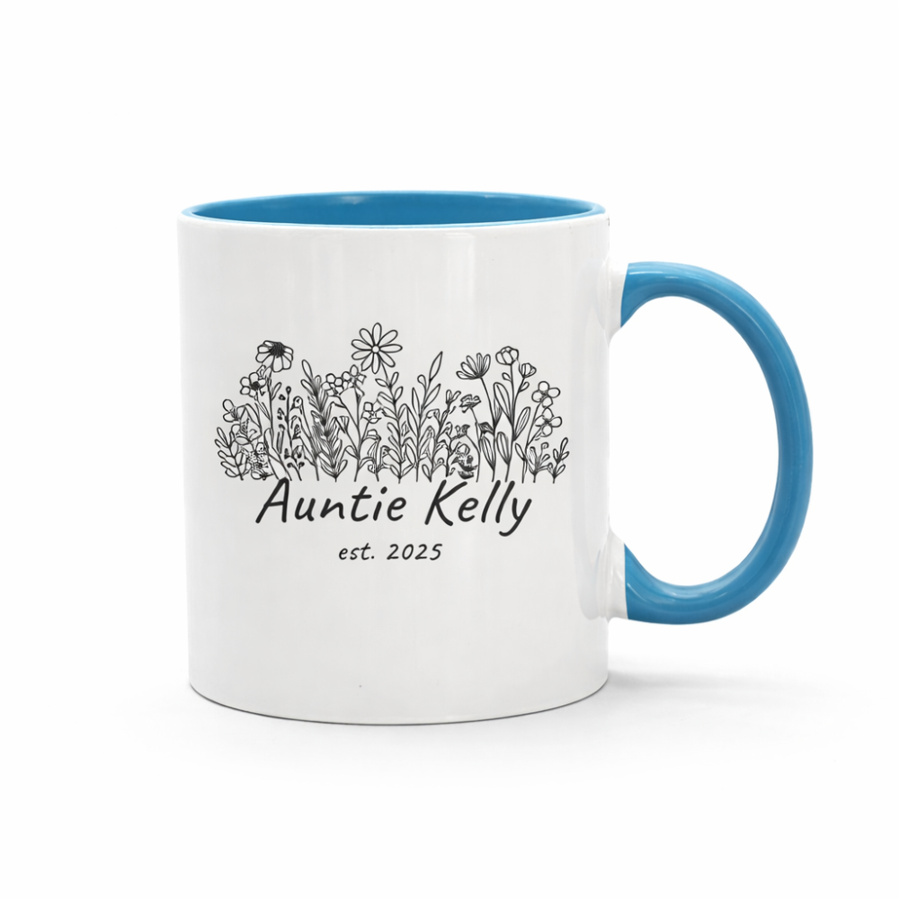 Custom Aunt Name Printed Coffee Mug With Floral Line Art Design