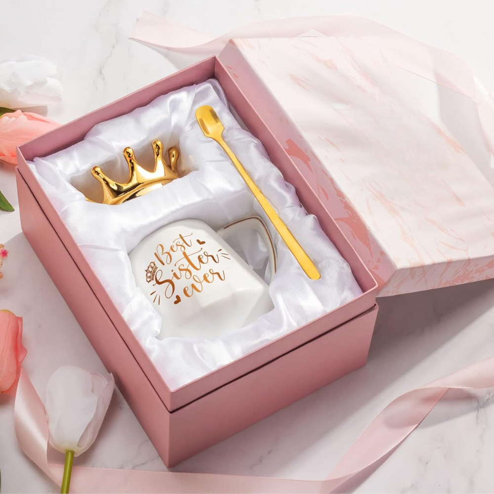 Elegant Sister Message Print 12oz Ceramic Coffee Mug With Crown Lid