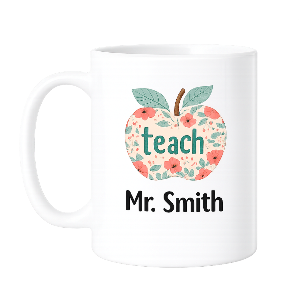 Personalized Ceramic Coffee Mug With Floral Apple Design For Teacher 