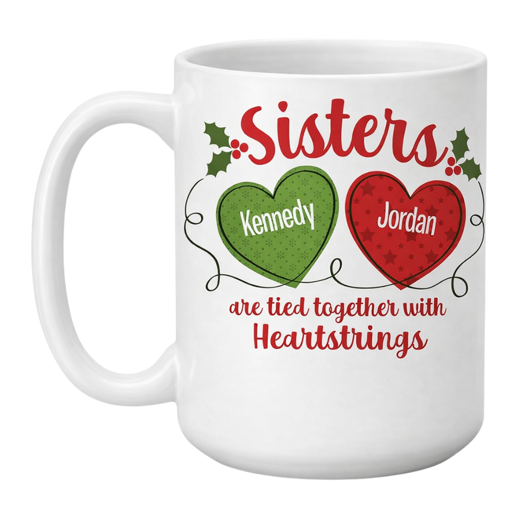 Personalized Sisters Names 15oz Ceramic Coffee Mug With Heartstring Design