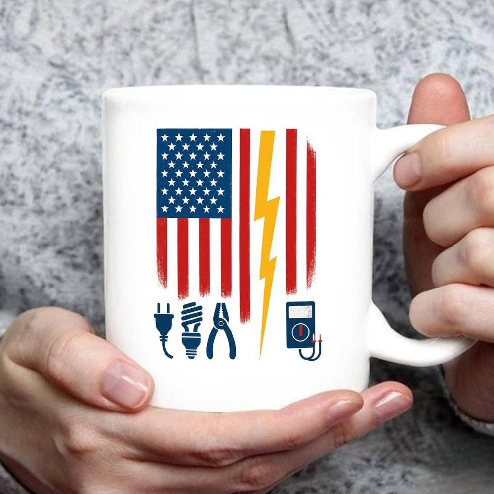 Electrician Themed With American Flag Printed Coffee Mug