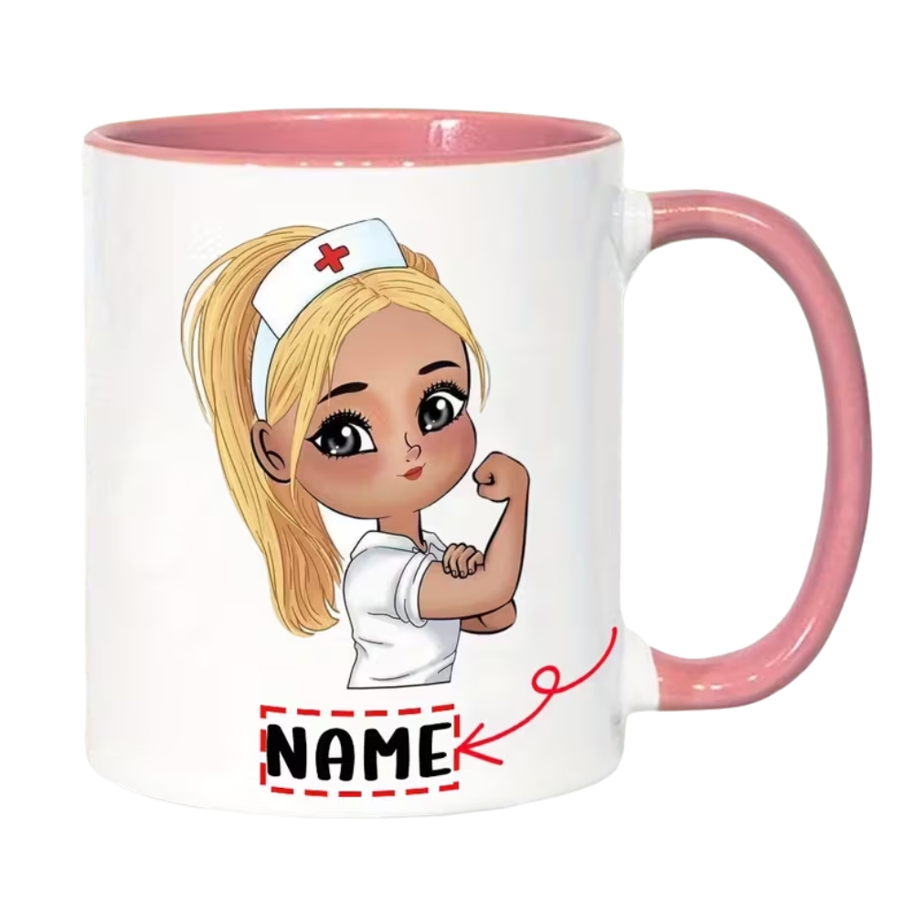 Custom Name Ceramic Coffee Cup with Cute Nurse Design, 7 Color
