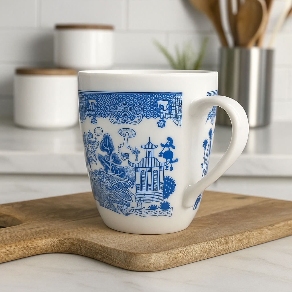 Blue Porcelain Mug Asian Motif Graphic Vintage Style-Mineral Mug