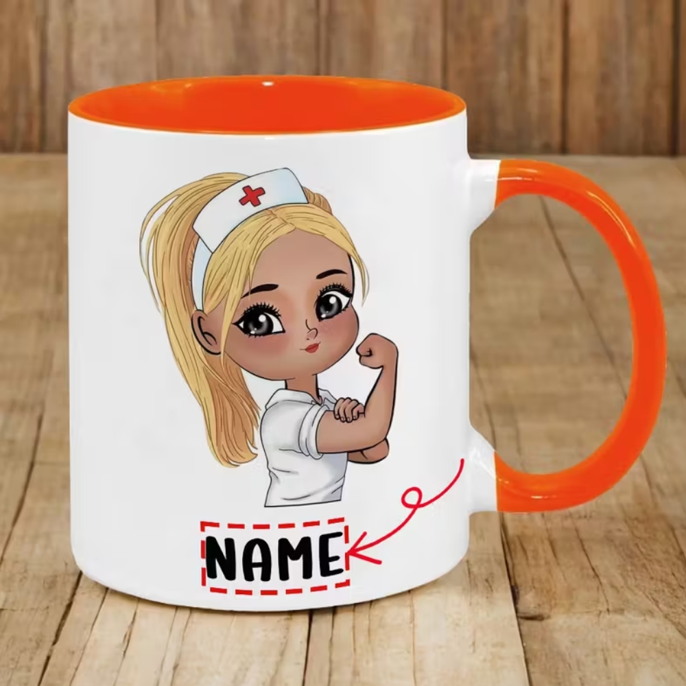 Custom Name Ceramic Coffee Cup with Cute Nurse Design, 7 Color