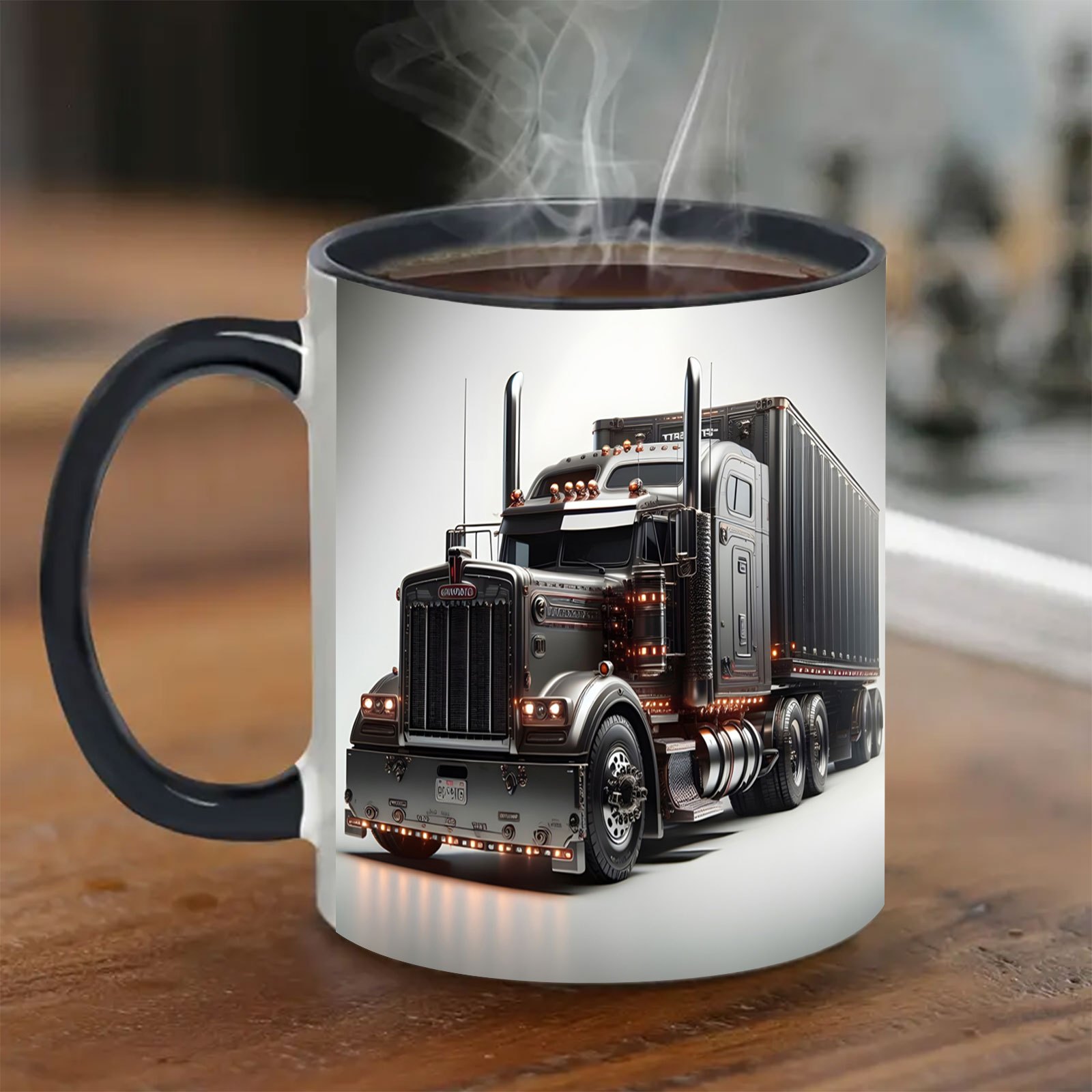 Mug Featuring A Truck Design with a Black Handle Great for Beverages Like Coffee