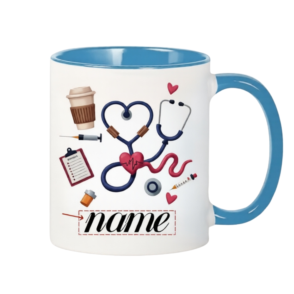 Custom Name Medical-Themed Coffee Cup Featuring a Stethoscope, Heart Design