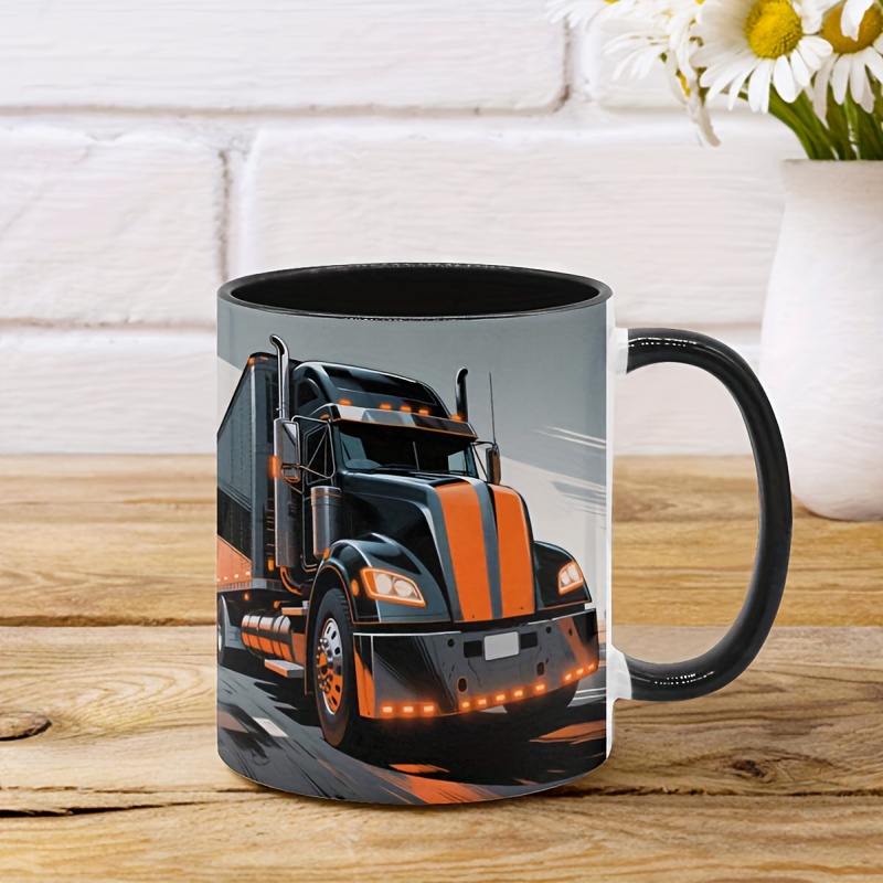 Themed Ceramic Mug With Black Handle Vibrant Semi Truck Design, Durable Ceramic Coffee Cup For Office