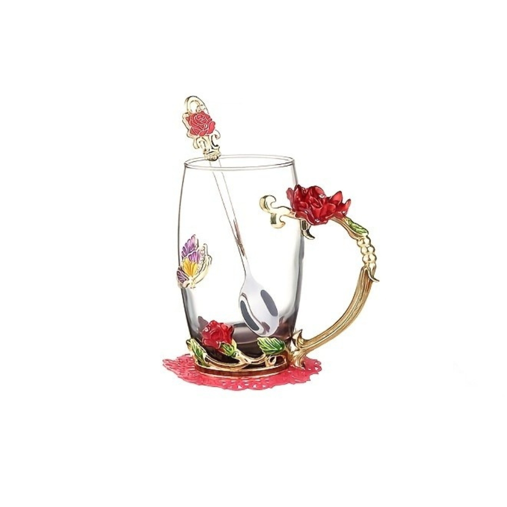 Rose Enamel Butterfly Glass Mug Set