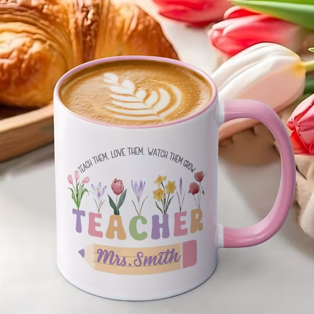 One Personalized Coffee Mug for Teachers Featuring a Custom Floral Design