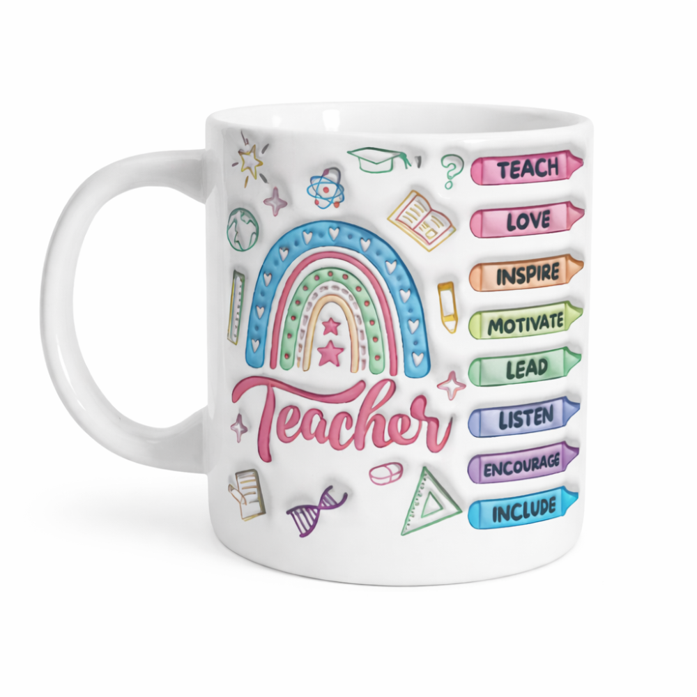  2D Flat Teacher Mug, Teacher Mug, Mug for Teacher, Teacher Gift, Teacher Birthday Christmas Gift, 11 Ounce Ceramic Cup