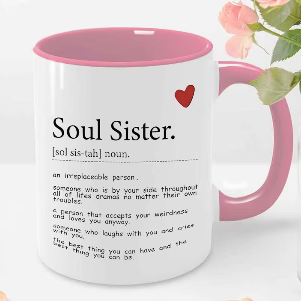 1pc Soul Sister Coffee Mug with Inspirational Quotes & Heart Design - Sister Gift for, Dishwasher 11oz Tea/Coffee Cup for Birthday