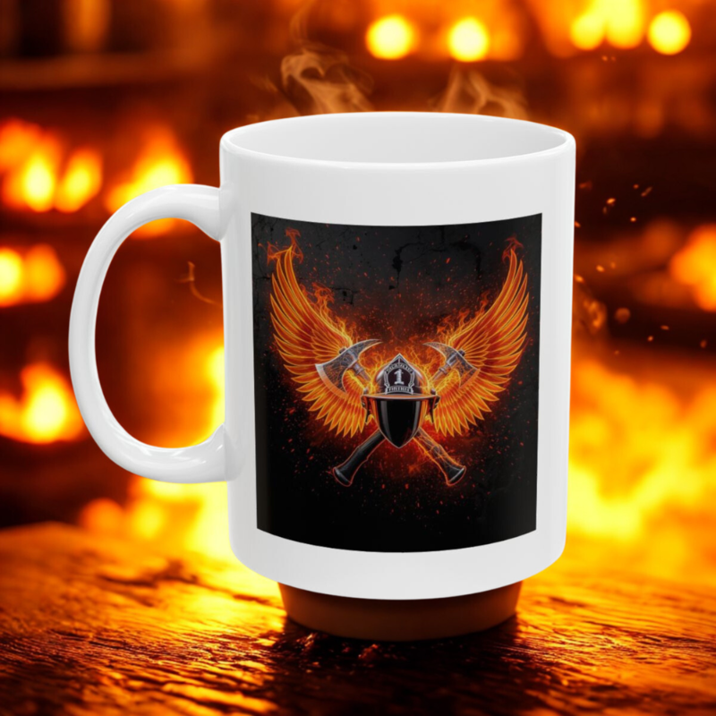 Forged in Flame Firefighter Coffee Mug Storm Response Fire Helmet Axe Wing Ceramic Cup 11 Oz