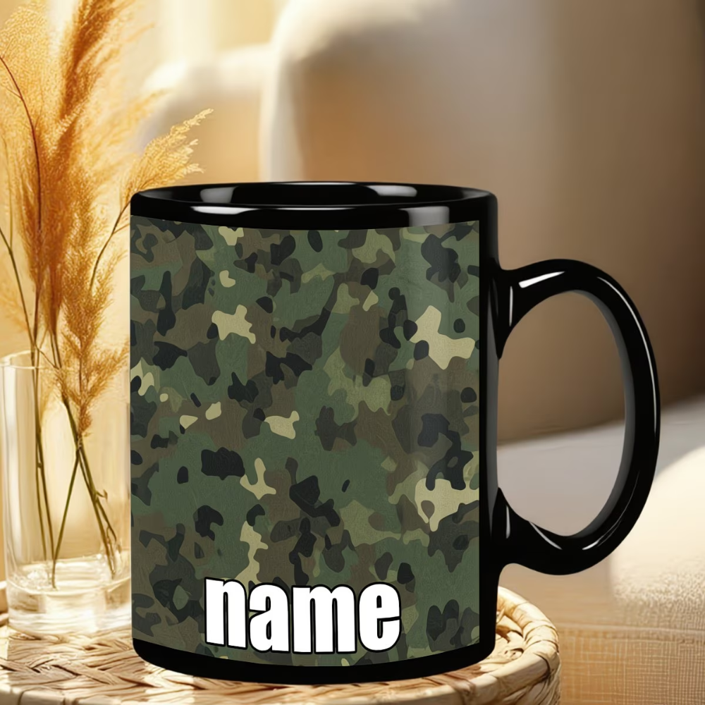 1pc, Customizable Camo Pattern Cute And Durable Black Mug, 11 Ounces Cartoon Anime