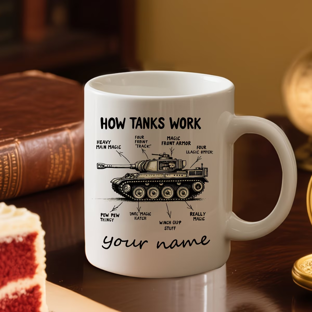1pc Funny Tank Anatomy Cup - Personalized Military Coffee Mug with Heavy-Hitting Funny Design, Custom Name Ceramic Mug for Tank Enthusiasts, Birthday, Christmas, Valentine's, Armed Forces Gifts