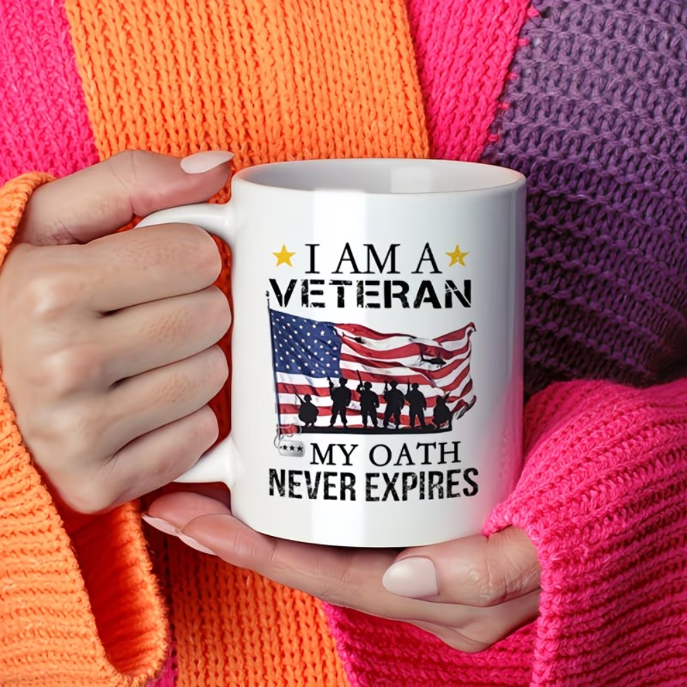 1pc 11oz Military Veteran Coffee Mug - Patriotic "I AM A VETERAN" Design with American Flag & Soldier Silhouettes,