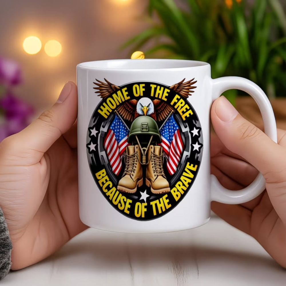 1pc 11oz Ceramic Coffee Mug "HOME OF THE FREE BECAUSE OF THE BRAVE" Military & Patriotic Design Insulated Reusable