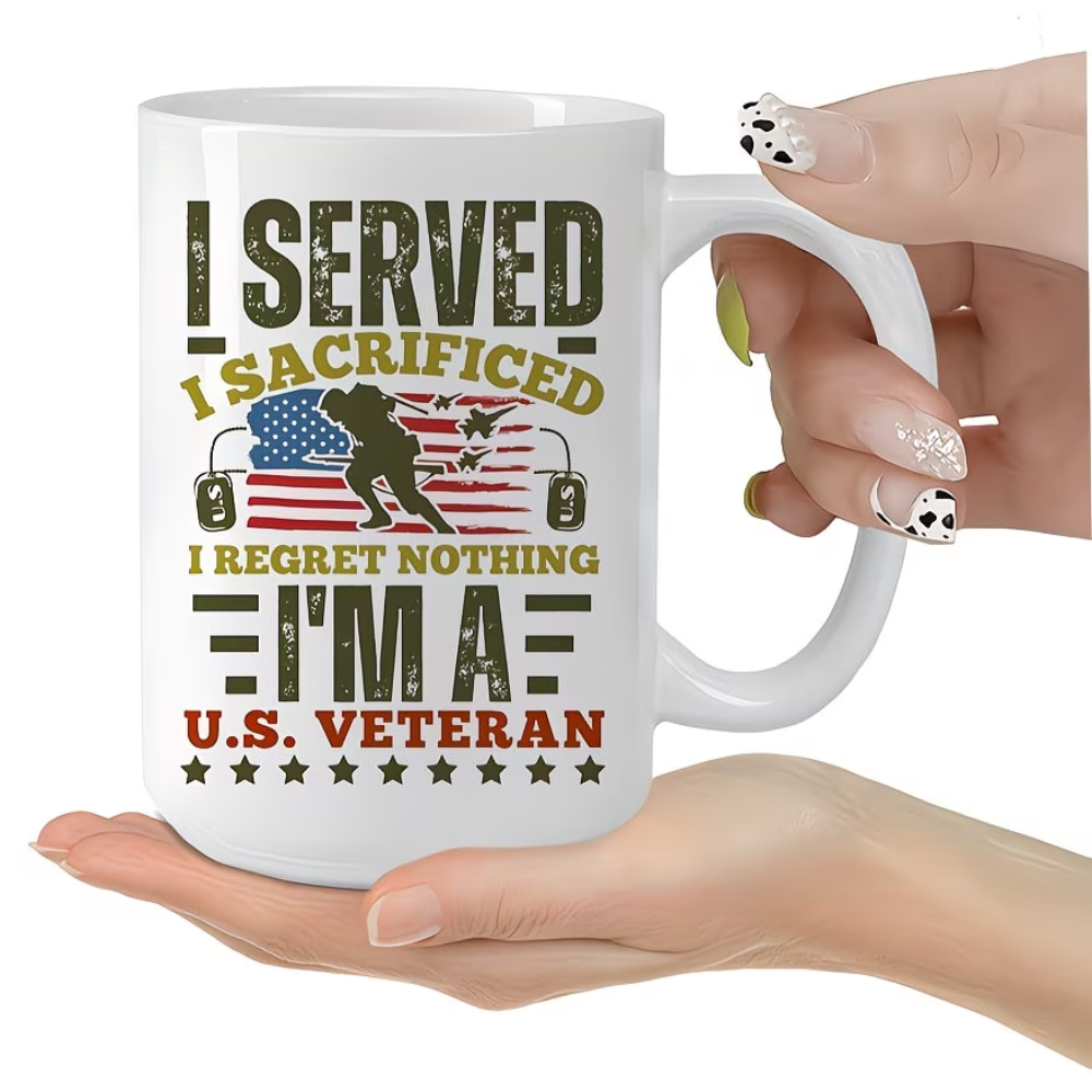 1pc 11oz Coffee Mug - "I Served, I Sacrificed, I Regret Nothing" U.S. Veteran Tribute with American Flag & Stars Design, Hand Wash