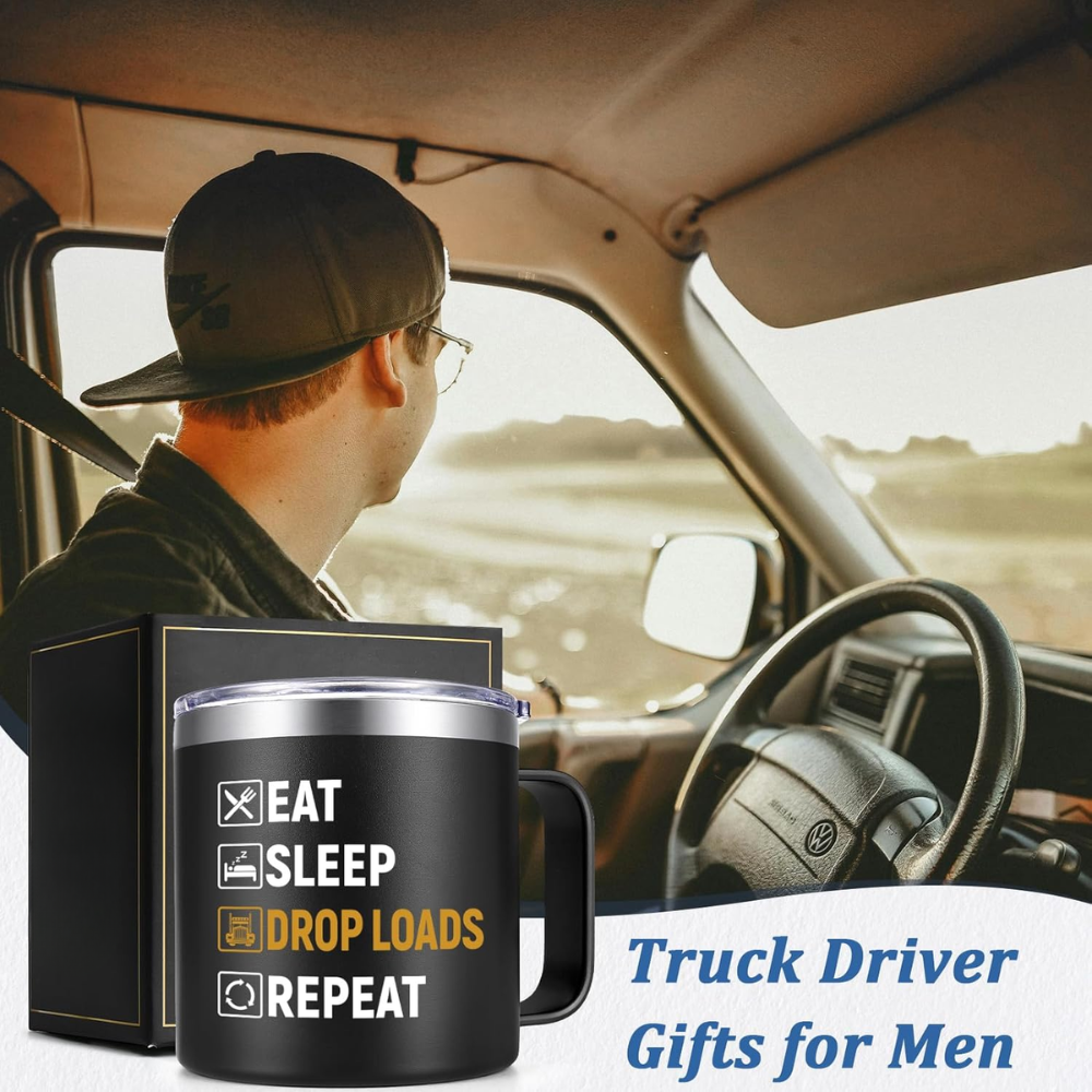 14oz Insulated Truck Driver Coffee Mug with Eat Sleep Drop Loads Repeat Text