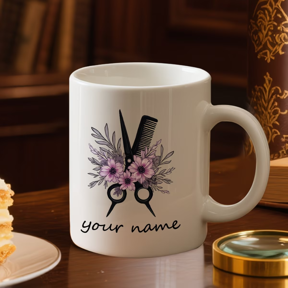 Personalized Barber Mug - Custom Name/Message Barber Scissors & Comb Design Ceramic Coffee Cup Suitable for Hot/Cold Drinks 