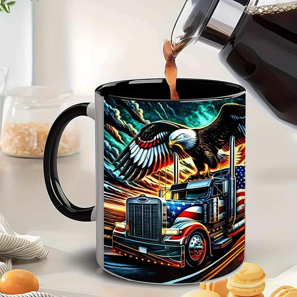 Ceramic Truck Coffee Mug with Eagle and American Flag Print