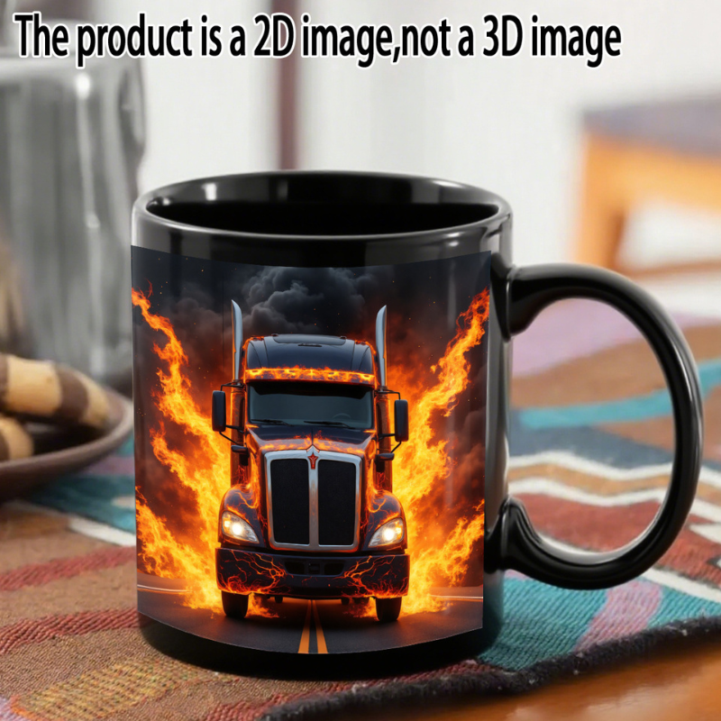 1pc Flame Truck Mug 11oz Heavy Duty Black Ceramic Coffee Cup with Fire Truck
