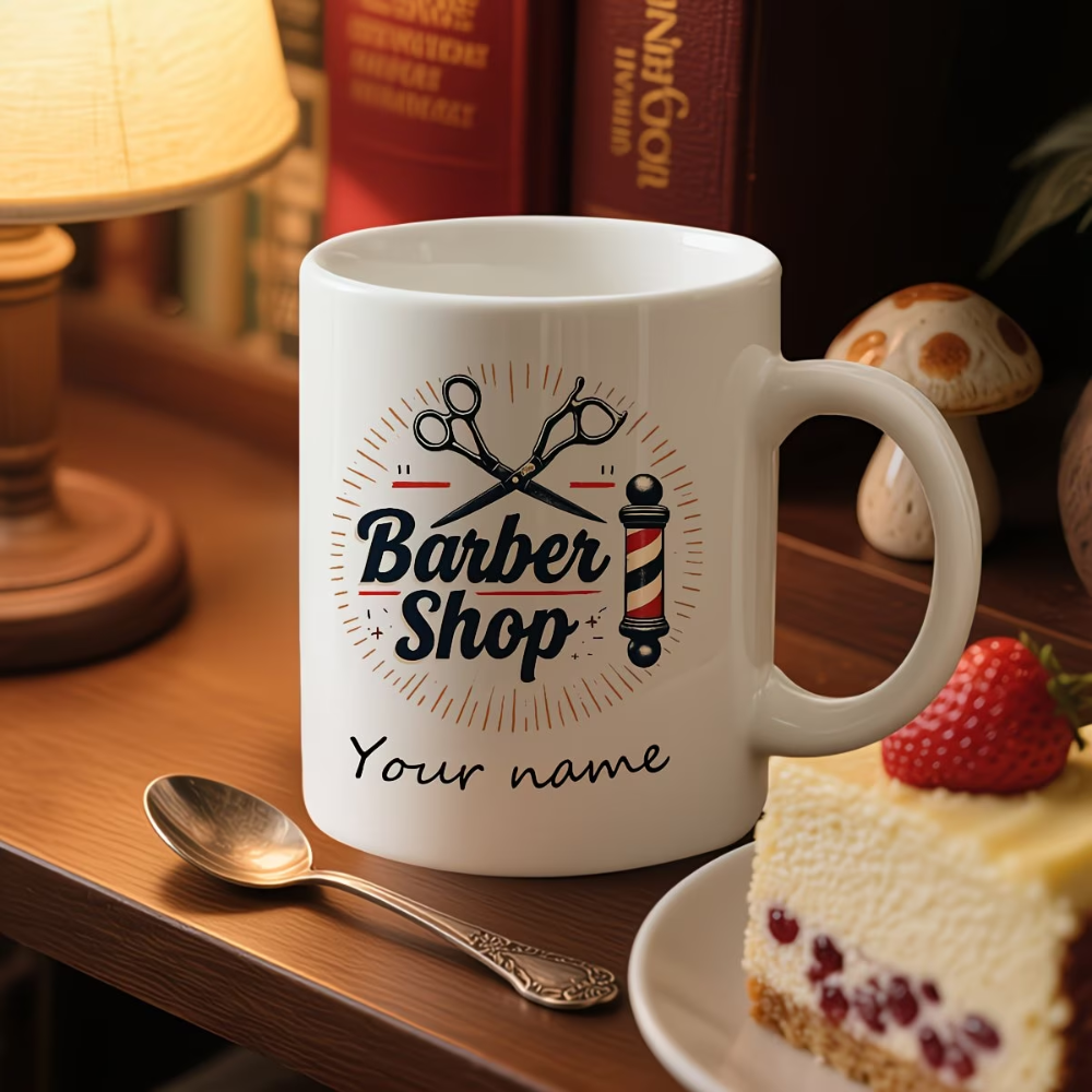 Customized Barber Shop Mug - Personalized Coffee Cup, Ceramic Tea Cup for Barbers, Hairstylists, Salon Owners - Happy Birthday, Father'S Day, Christmas Gift for Barber Dad, Husband, Or Boyfriend.