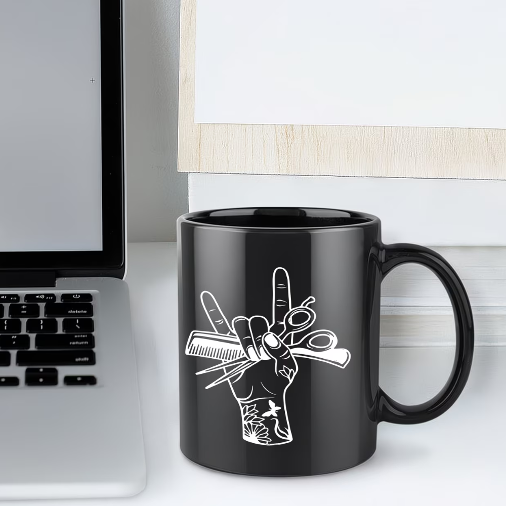 1pc Barber Hand Mug, 11oz Ceramic Coffee Cup with Scissors & Comb Design, Black, Perfect for Holiday, Birthday, Christmas, or Summer Gifts, Barber Accessories