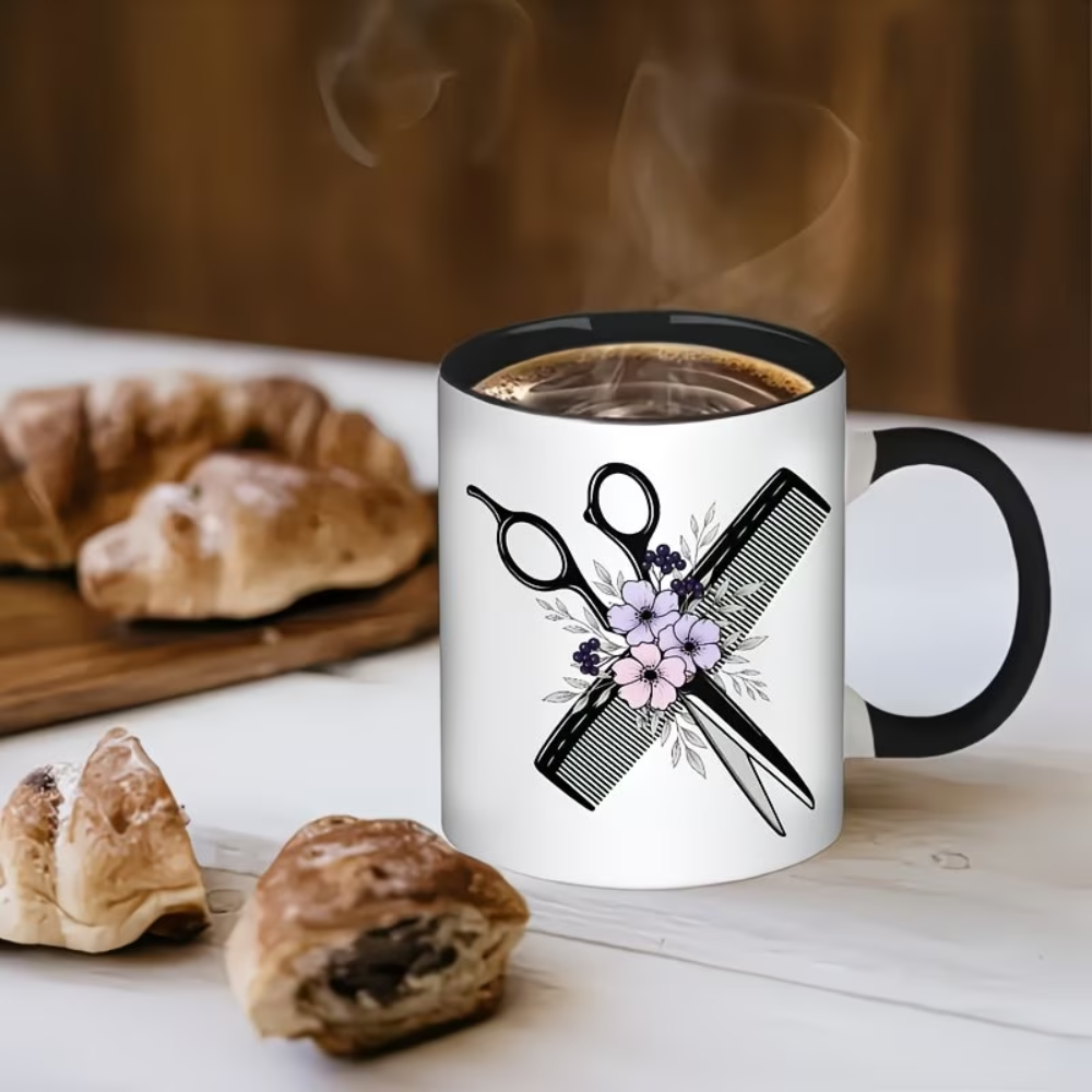 11oz Hairdresser Mug - Ceramic Coffee Cup with Hair Scissors, Comb & Barber Pole-like Floral Design (Pink/White), Black Interior & Handle