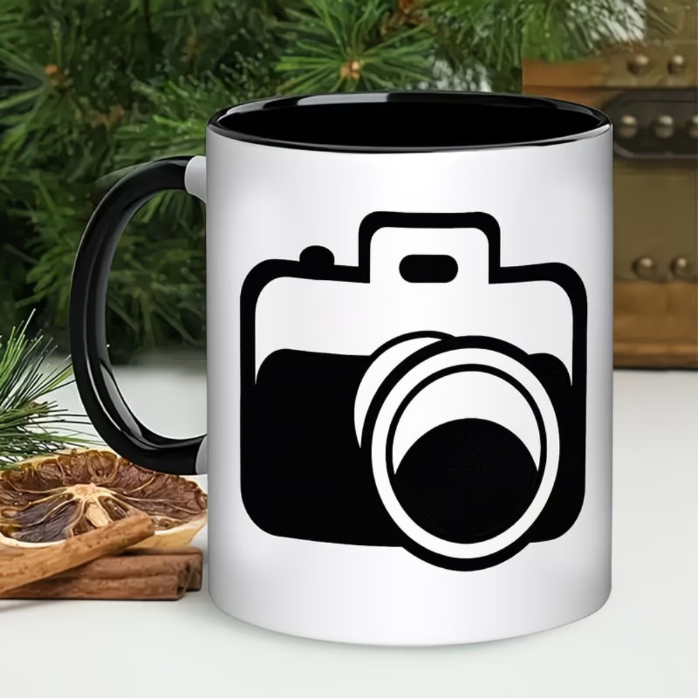 11oz Camera-Shaped Coffee Mug - White Camera & Aperture Design Ceramic Cup with Black Interior & Handle, Photography Lover