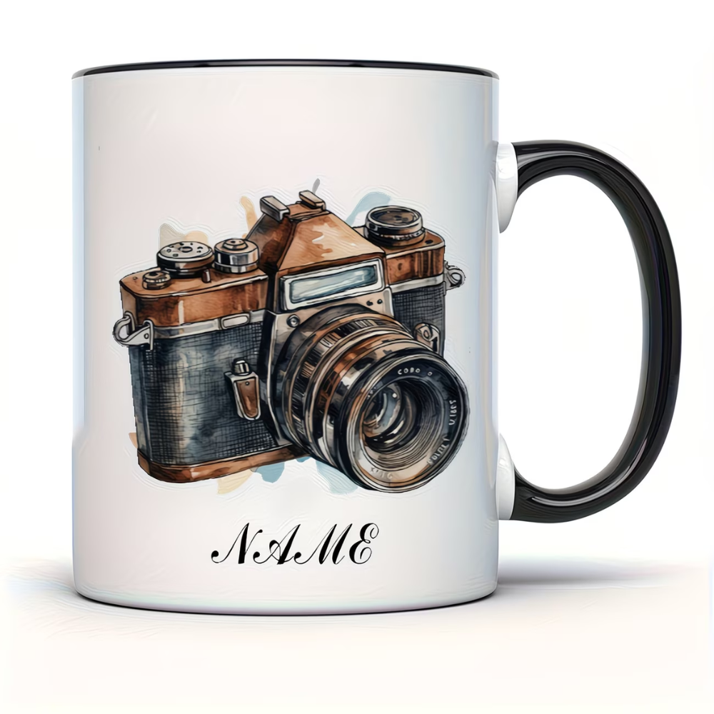 A Customized 11-Ounce Ceramic Mug with a Vintage Camera Design