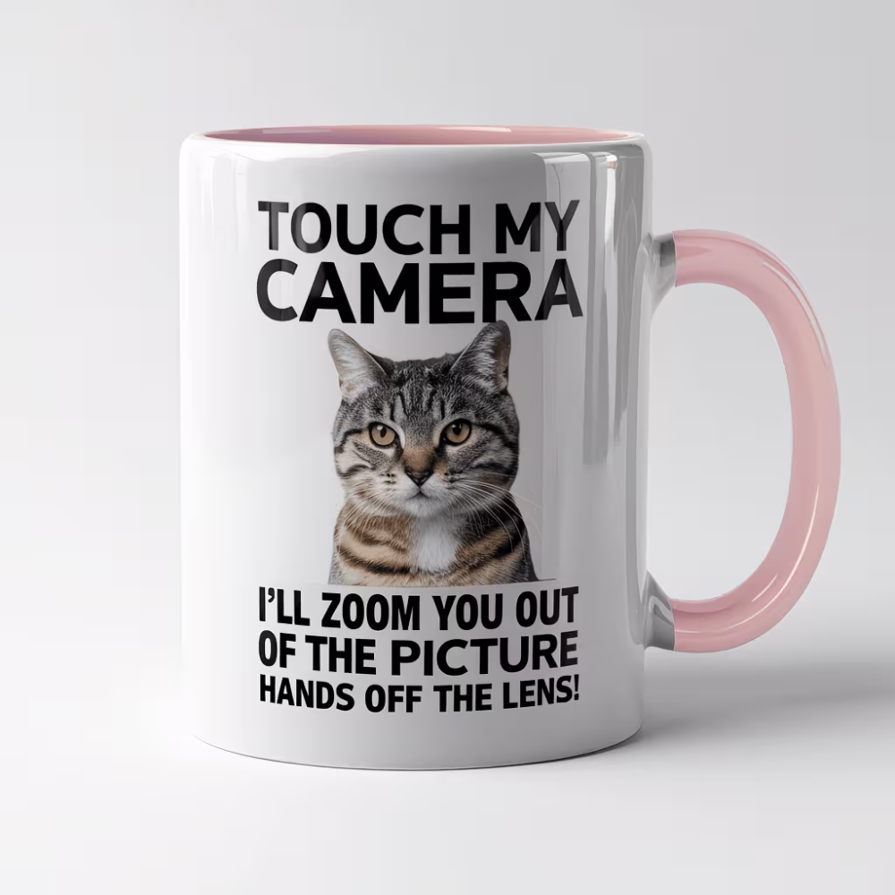 1pc, 11oz White Ceramic Coffee Mug with Funny Cat Touch Camera Design 