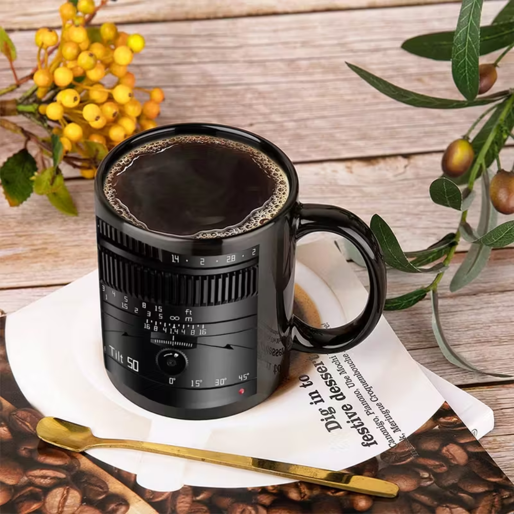 A Customized Ceramic Mug with a Vintage Camera Design
