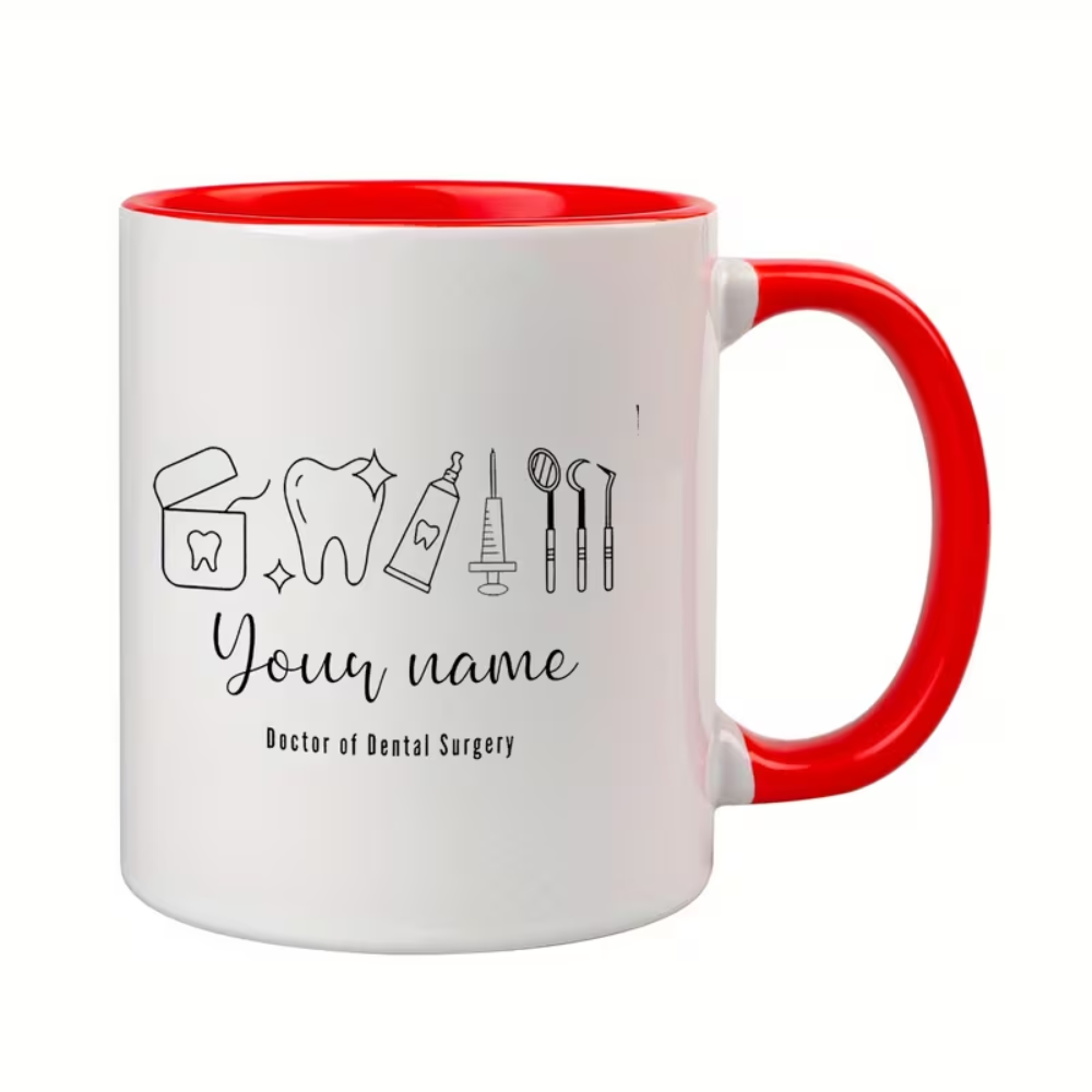 Name Dental Tool Pattern Ceramic Coffee Mug, Designed with Doctor of Dental Surgery Professional Label, Perfect for Graduation Season/Dentist Gifts, Dishwasher Safe