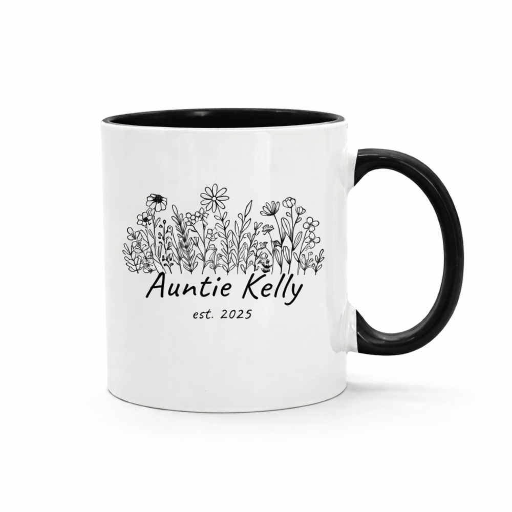 Custom Aunt Name Printed Coffee Mug With Floral Line Art Design