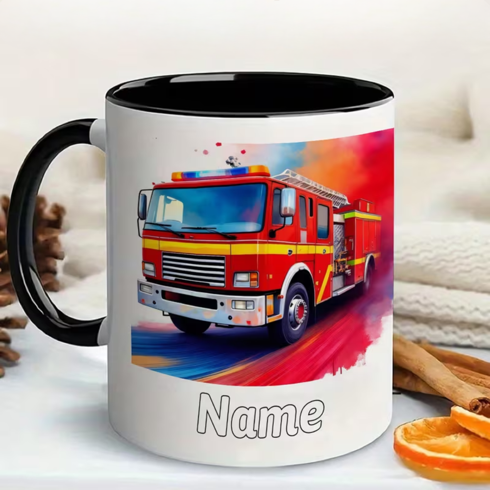 Personalized Name Print Fire Truck Themed 11oz Coffee Mug For Fire Fighters