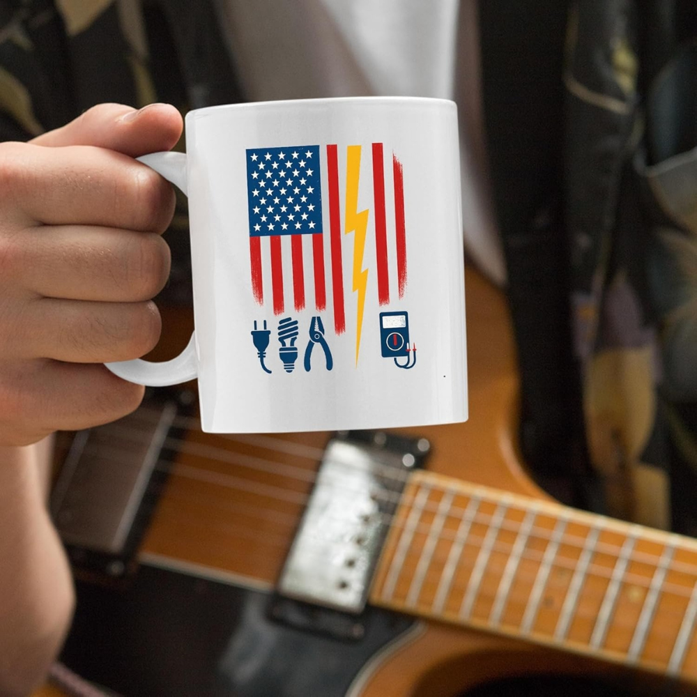 Electrician Themed With American Flag Printed Coffee Mug