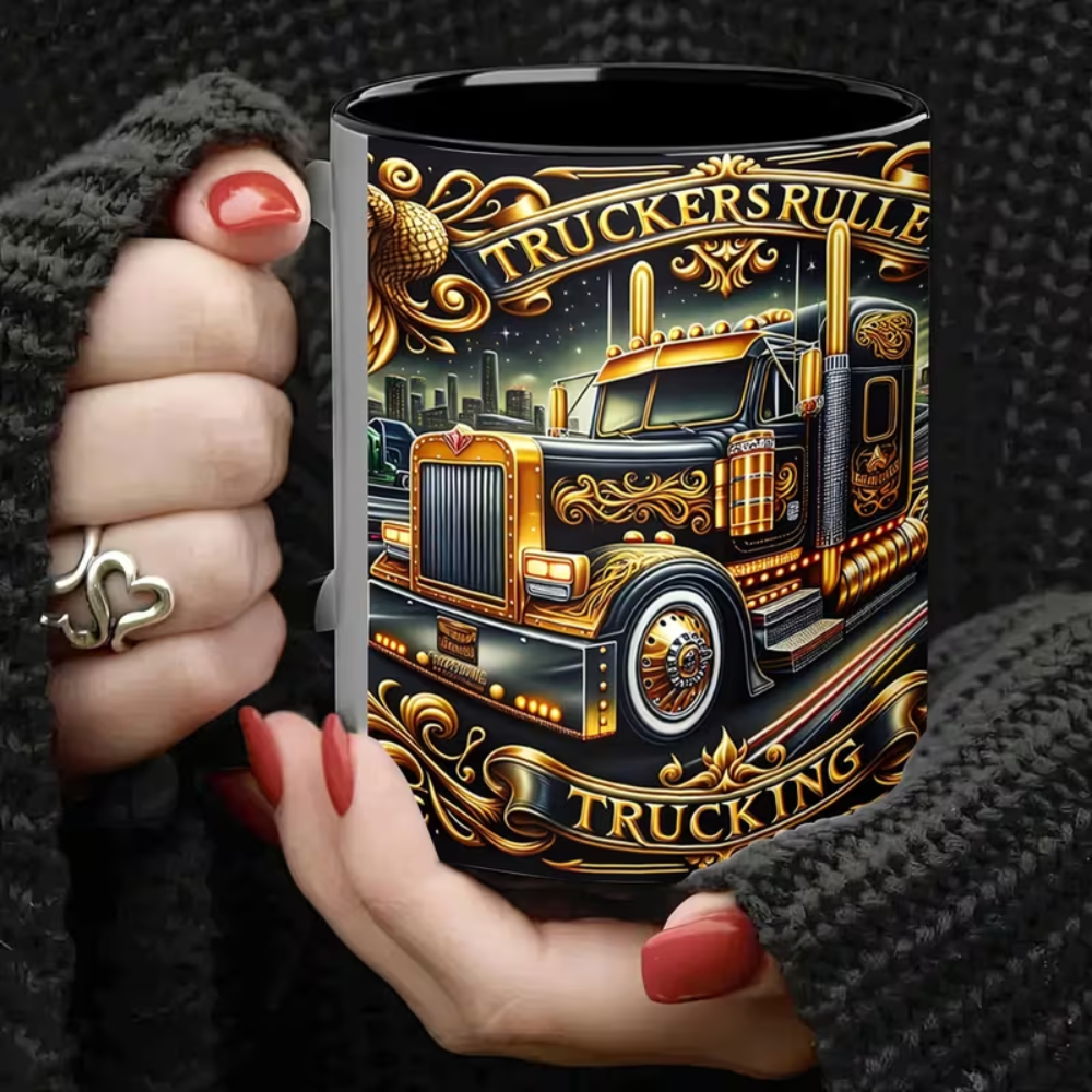 1pc Handmade Porcelain Coffee Mug with Truck-Themed Design & C-Shaped Handle - All-Over Print Truckers Roll Truck Cup Suitable for Hot & Cold Drinks, Ideal for Coffee, Tea, Soup - Gift for Truck, (No Dishwasher)