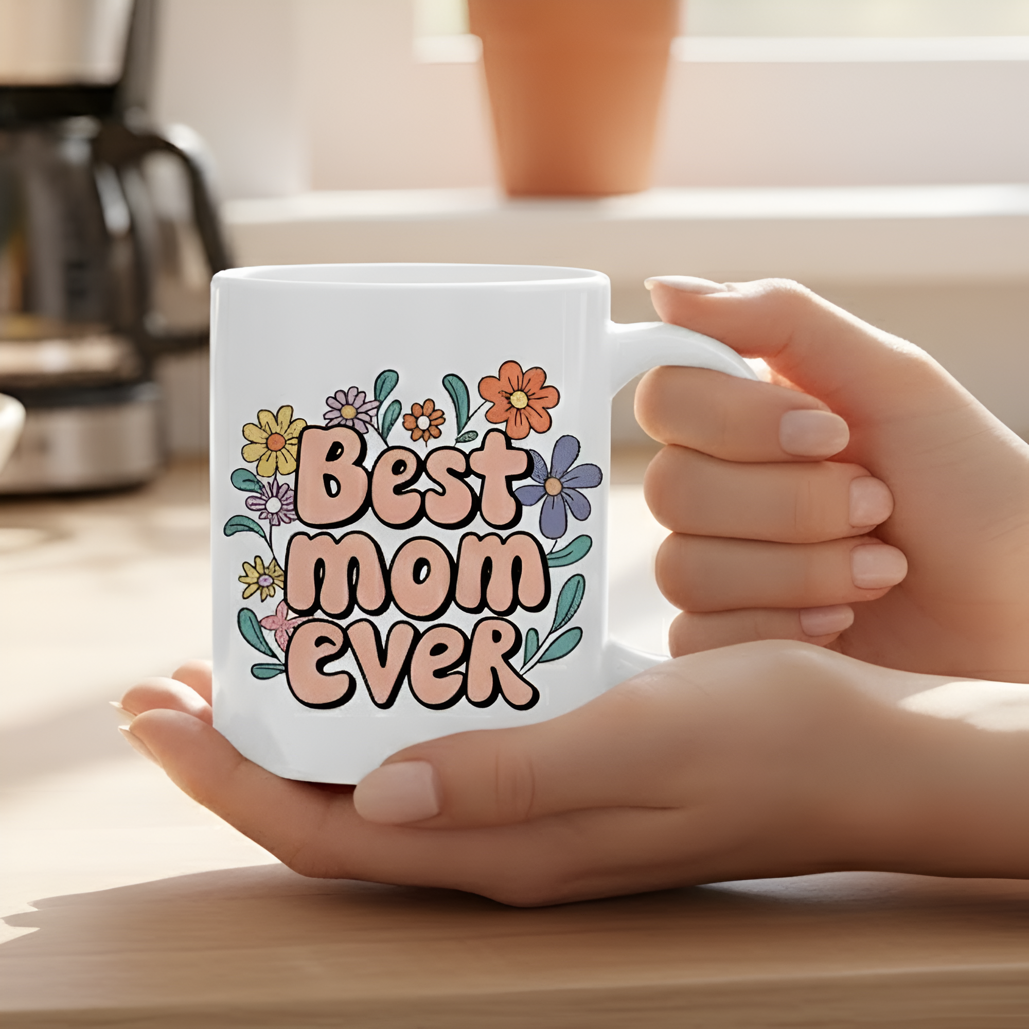 Ceramic Coffee Mug With Floral Accent And Best Mom Ever Print