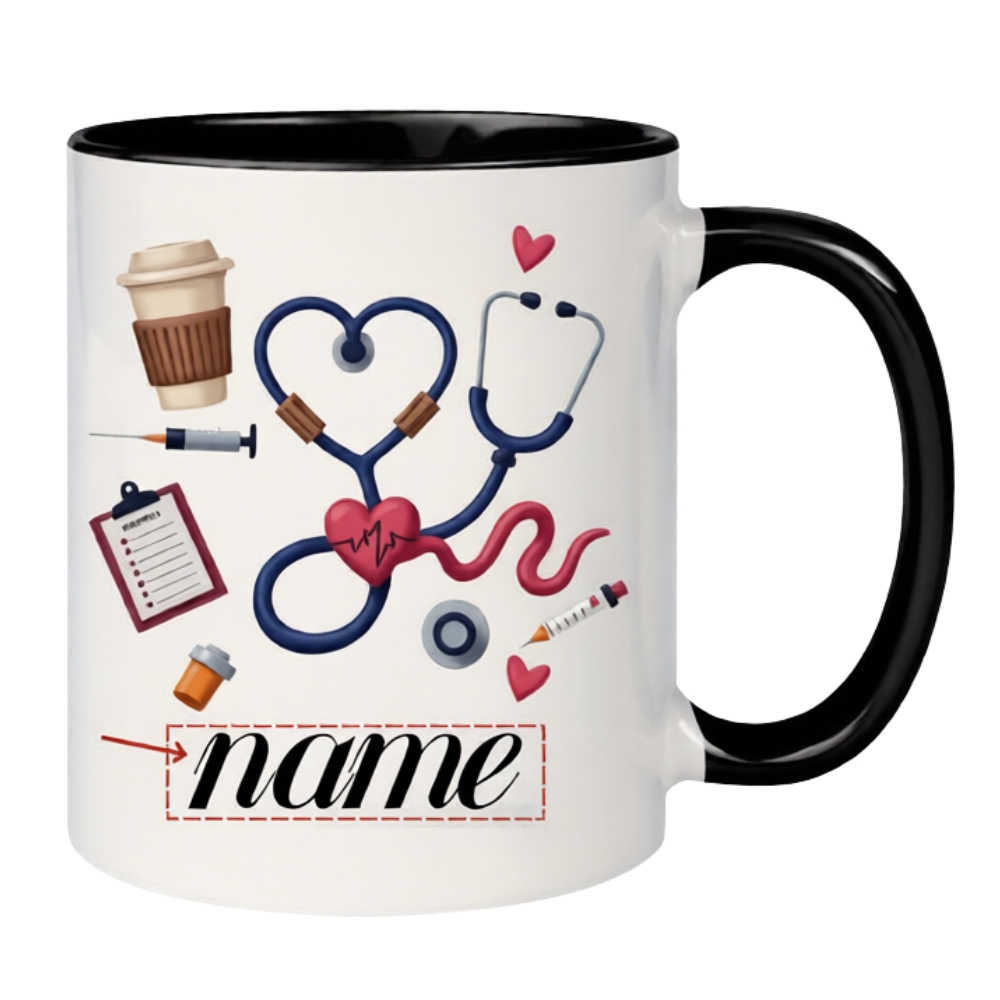 Custom Name Medical-Themed Coffee Cup Featuring a Stethoscope, Heart Design