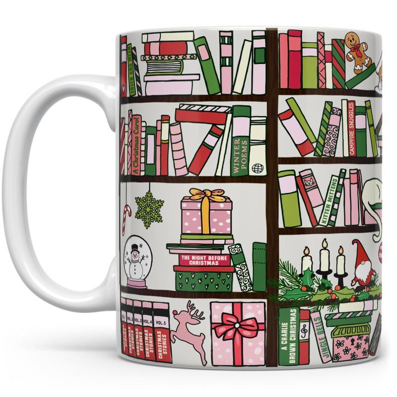 Christmas Bookshelf Library Printed Holiday Coffee Mug