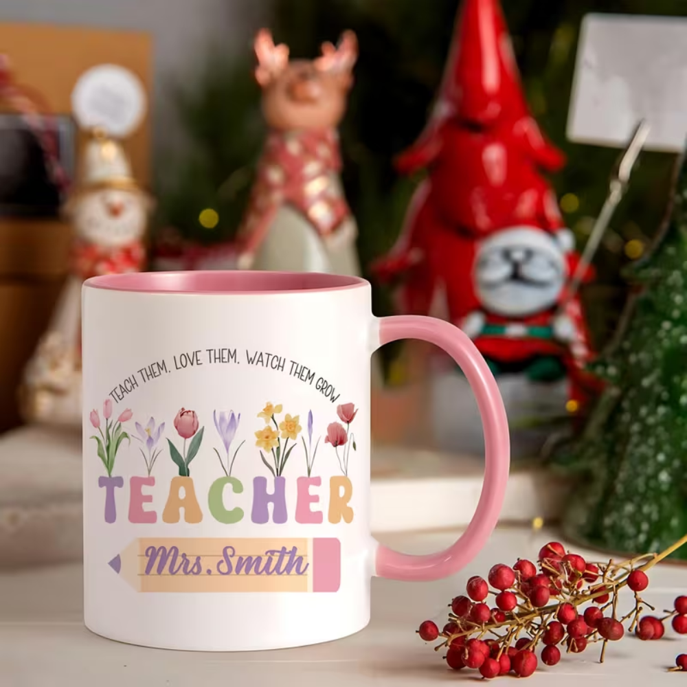 One Personalized Coffee Mug for Teachers Featuring a Custom Floral Design