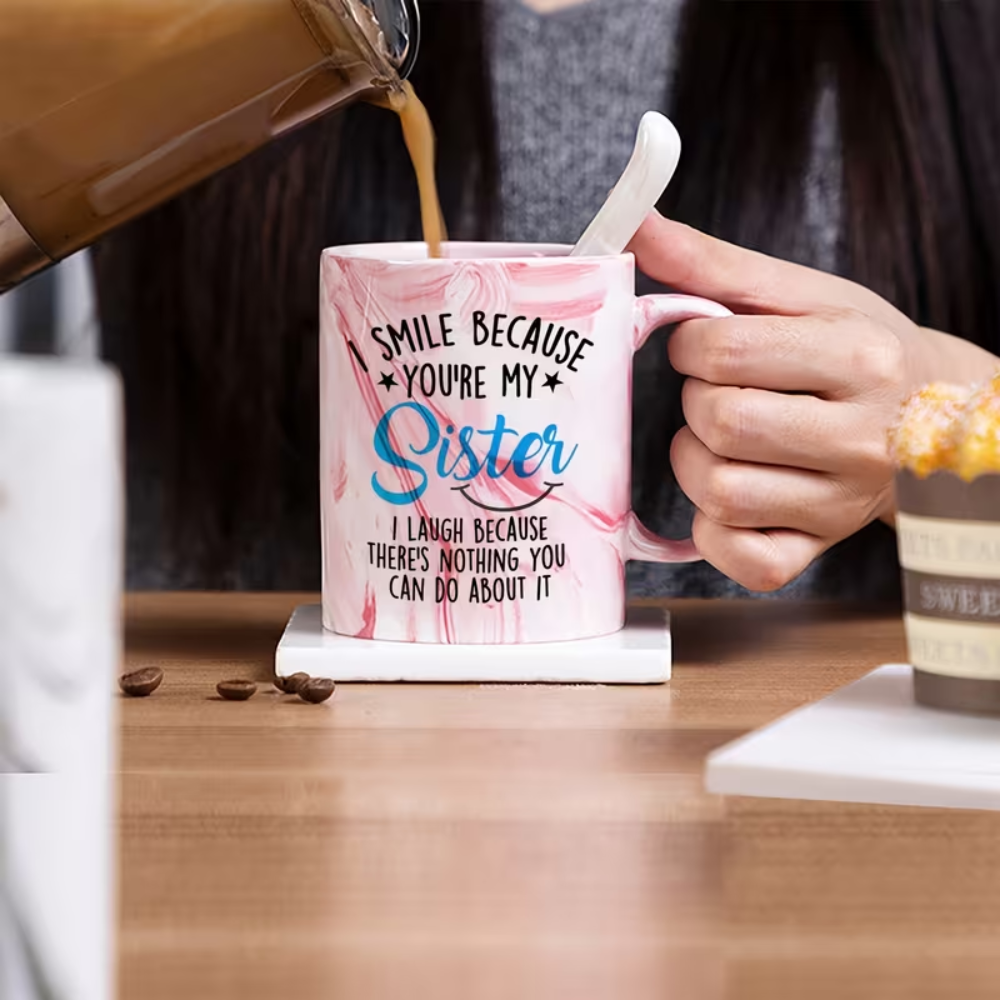 Funny Best Coffee Mug | Pink Marble Ceramic Mug for Sister, Big Sisters, Little Sister Birthday, Sister In Law Gifts, 11oz, Hand Wash Only, Insulated