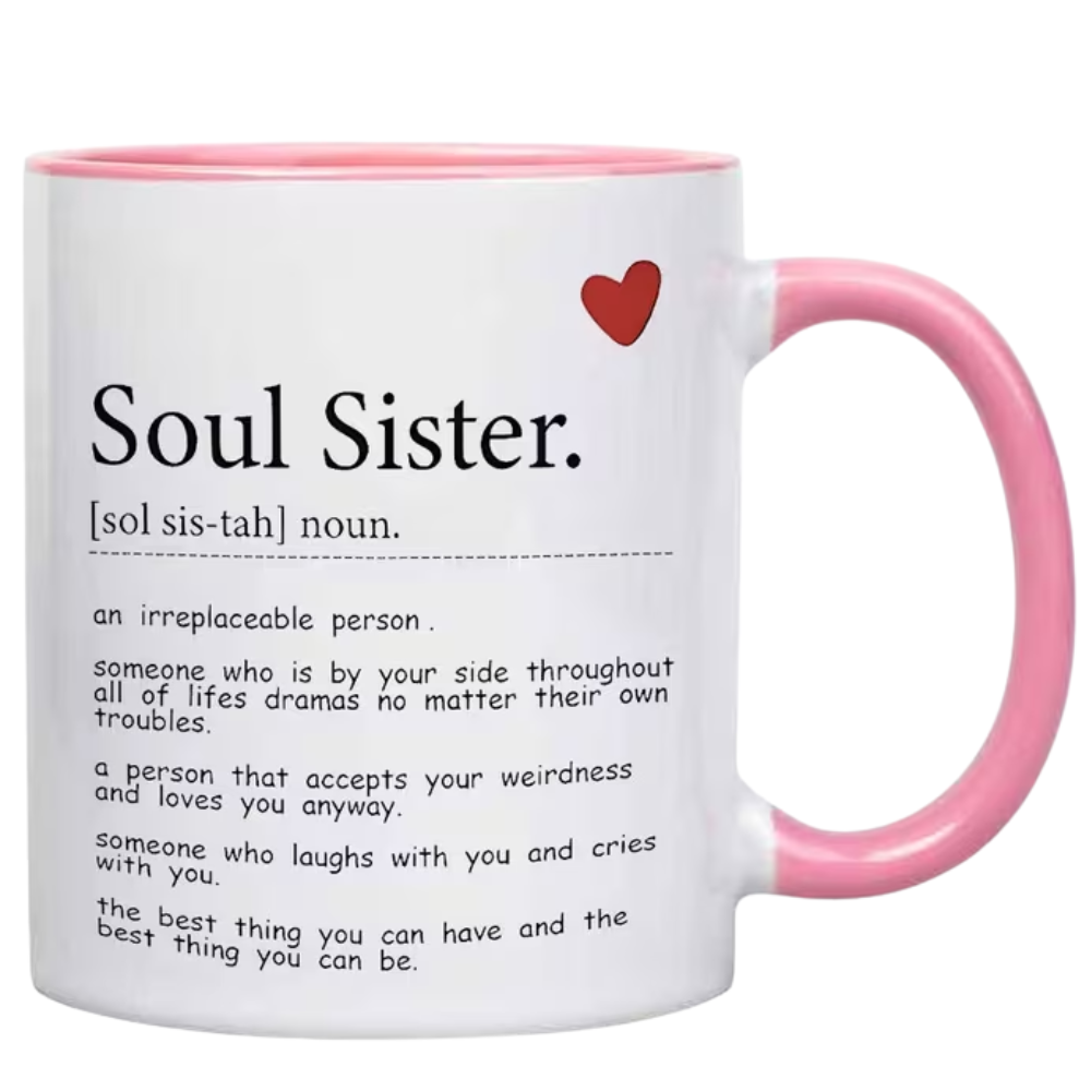 1pc Soul Sister Coffee Mug with Inspirational Quotes & Heart Design - Sister Gift for, Dishwasher 11oz Tea/Coffee Cup for Birthday