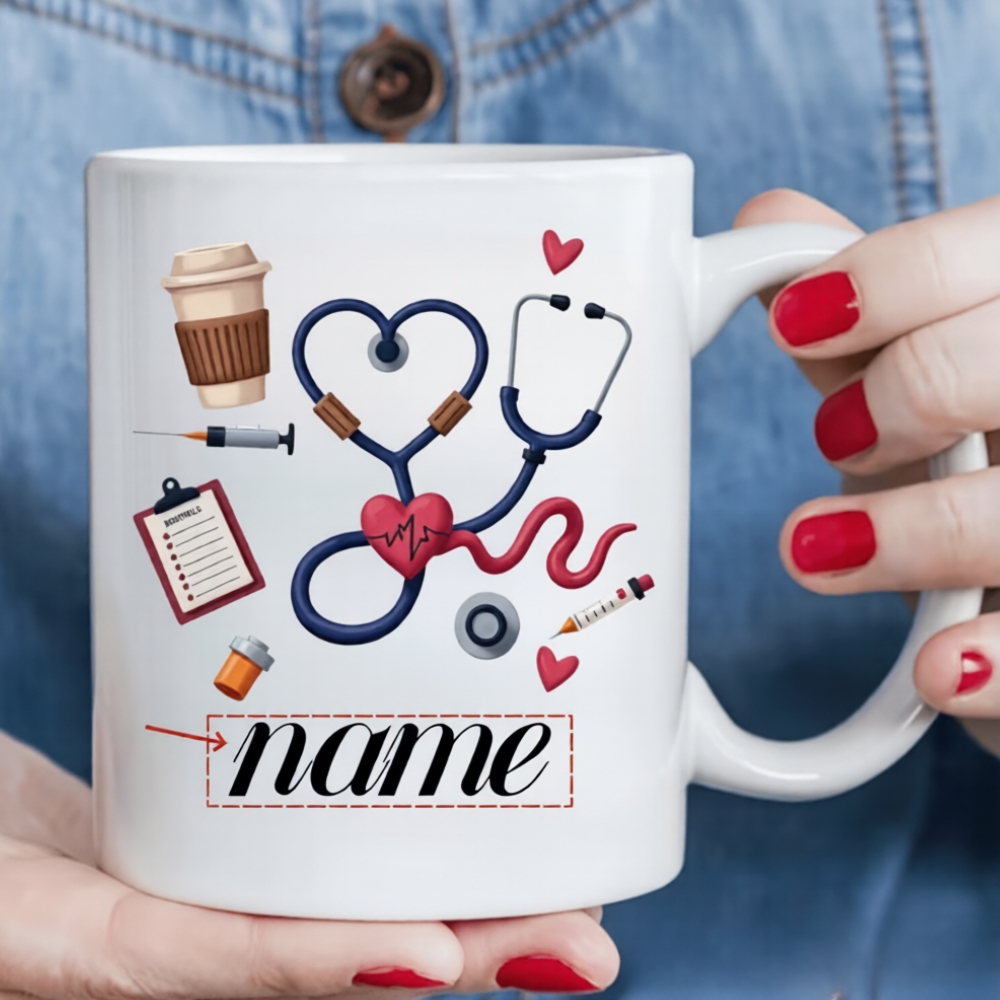 Custom Name Medical-Themed Coffee Cup Featuring a Stethoscope, Heart Design