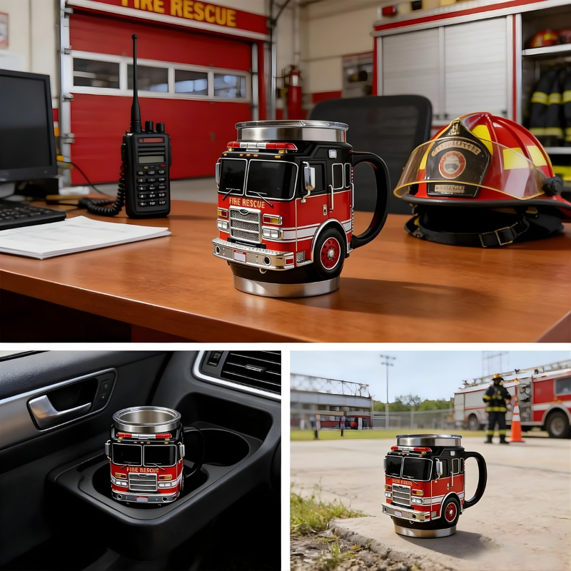 3D Fire Truck Firefighter Coffee Mug Stainless Steel Double Wall Insulated Fire Station Mug