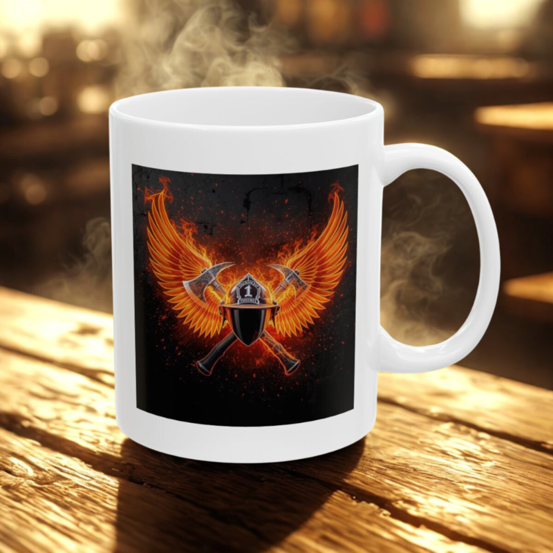 Forged in Flame Firefighter Coffee Mug Storm Response Fire Helmet Axe Wing Ceramic Cup 11 Oz