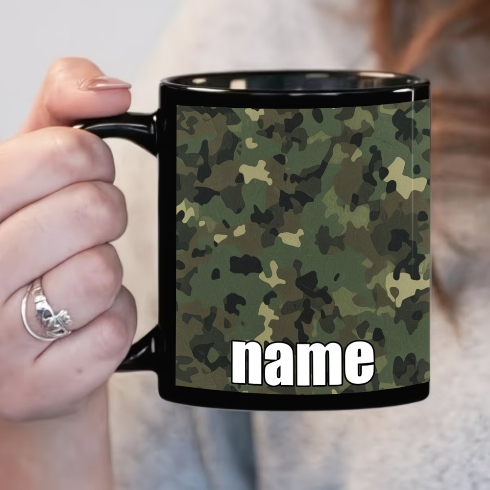 1pc, Customizable Camo Pattern Cute And Durable Black Mug, 11 Ounces Cartoon Anime