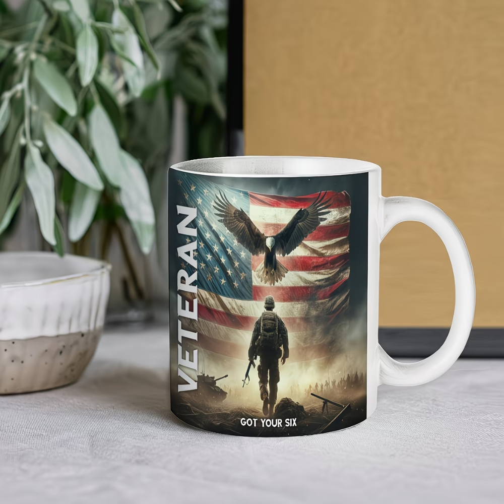 Themed Ceramic Coffee Mug - Veteran Eagle & Flag Design, Wide Mouth Cup for Outdoor, Camping & Travel