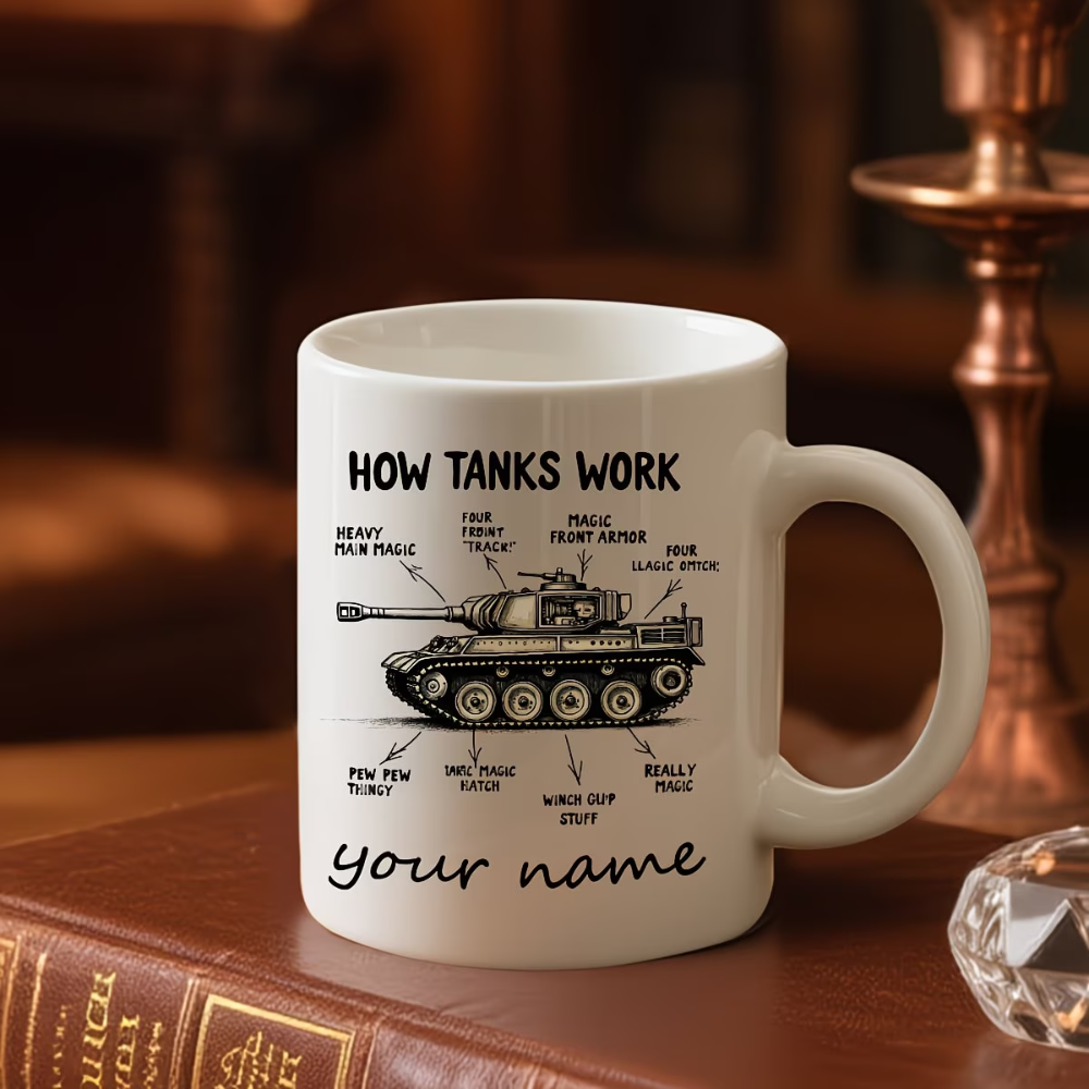 1pc Funny Tank Anatomy Cup - Personalized Military Coffee Mug with Heavy-Hitting Funny Design, Custom Name Ceramic Mug for Tank Enthusiasts, Birthday, Christmas, Valentine's, Armed Forces Gifts